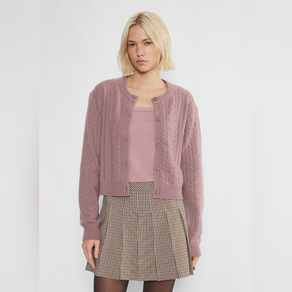 Women's Dusty Rose Cable Knit Button-Up Cardigan - Picture 2 of 7